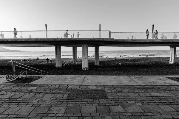 A long bridge crossing the frame in a black and white waterfront photograph.