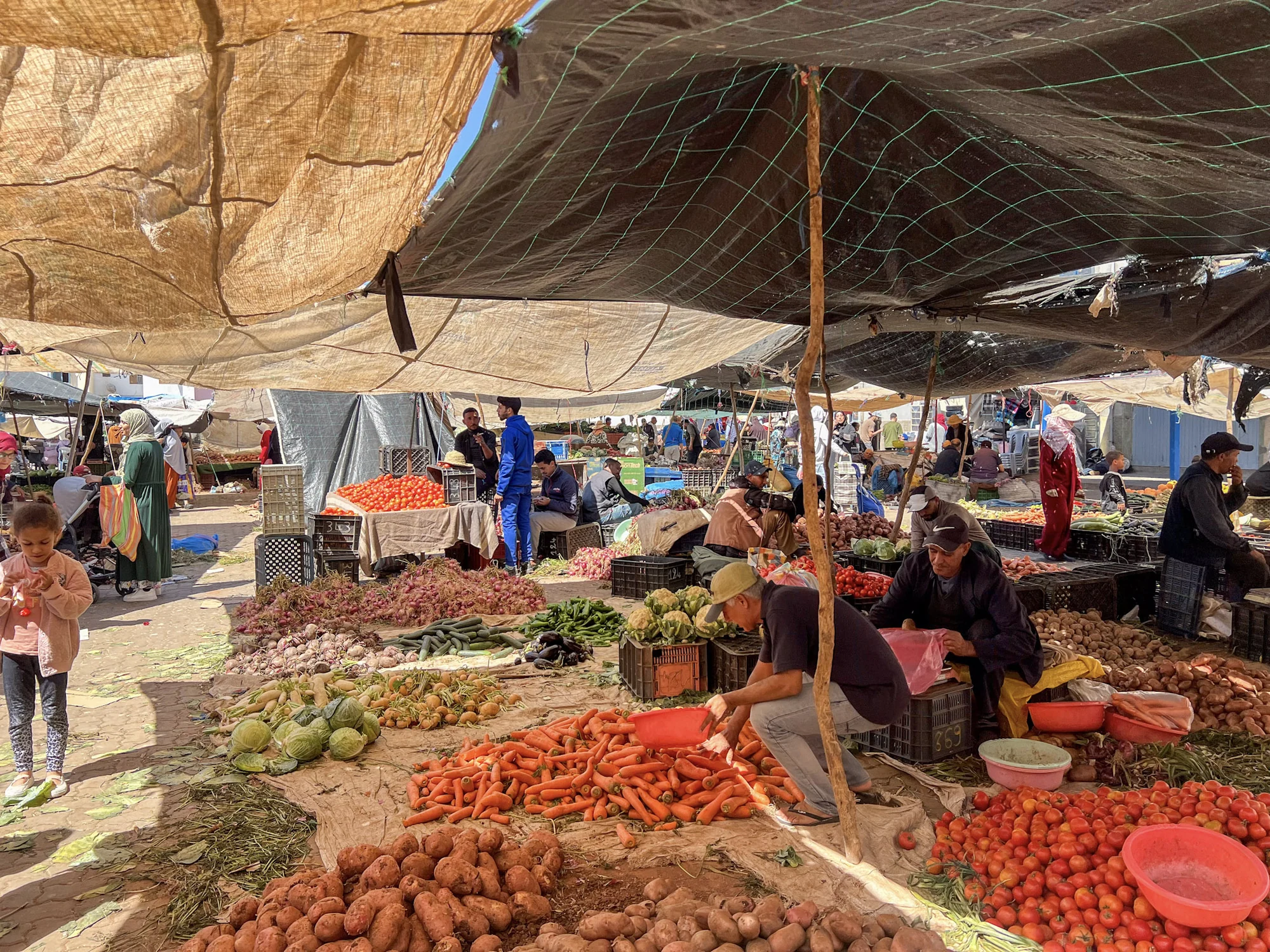 A vegetable market shaded by woven canopies.