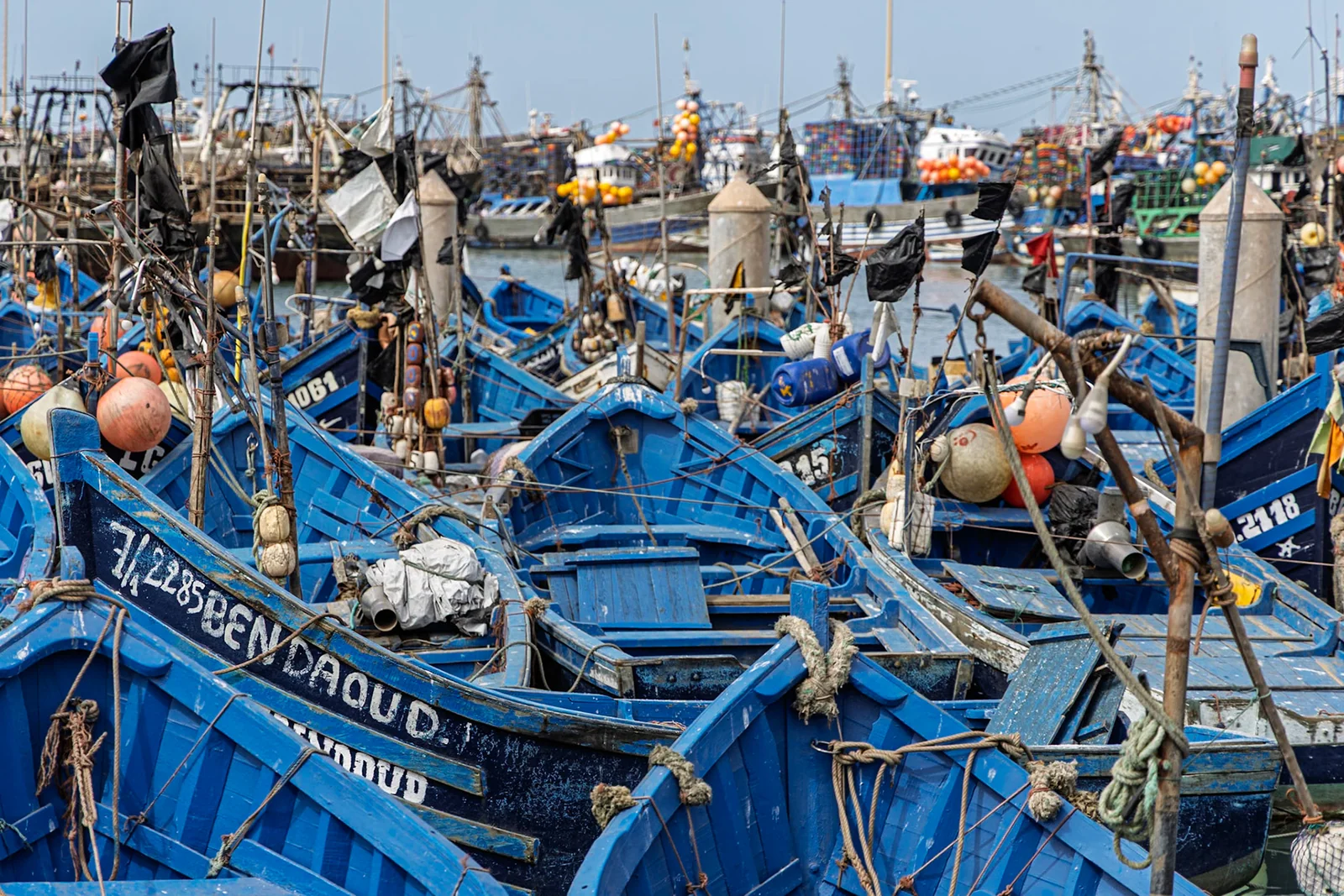 Blue fishing boats packed closely together in a harbour.