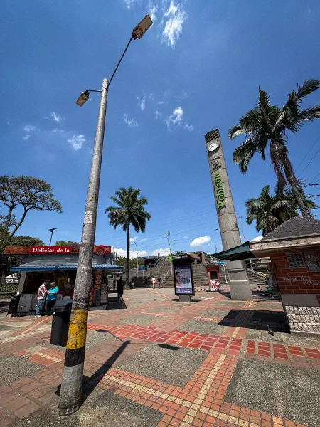 A street junction beneath palm trees and a bright blue sky.